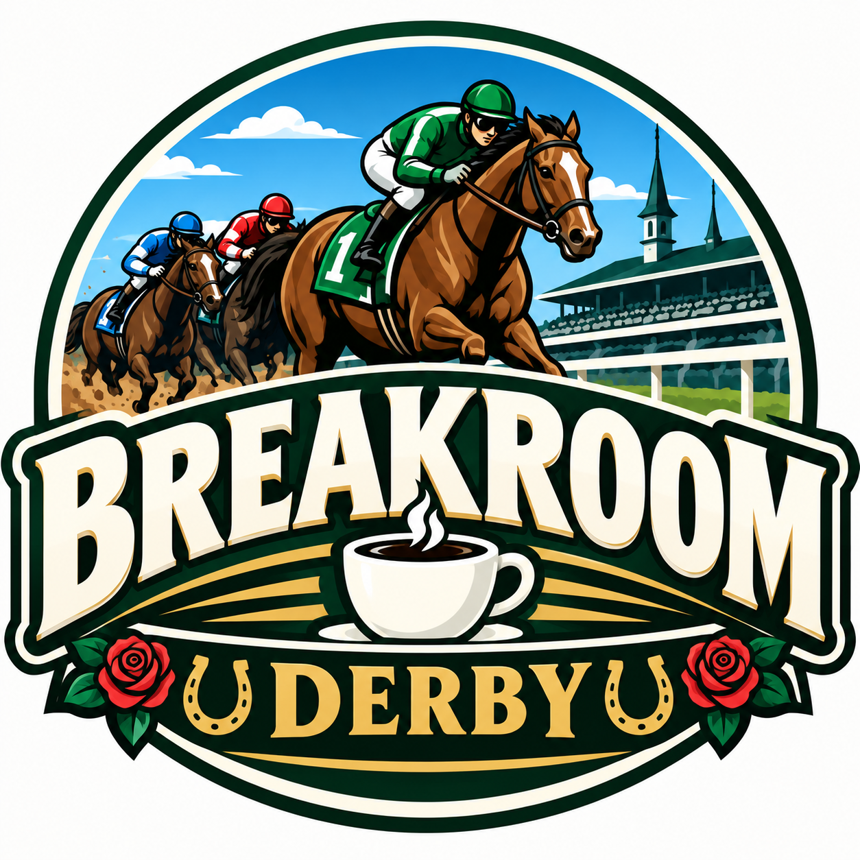 Breakroom Derby — horse racing derby logo with a coffee cup